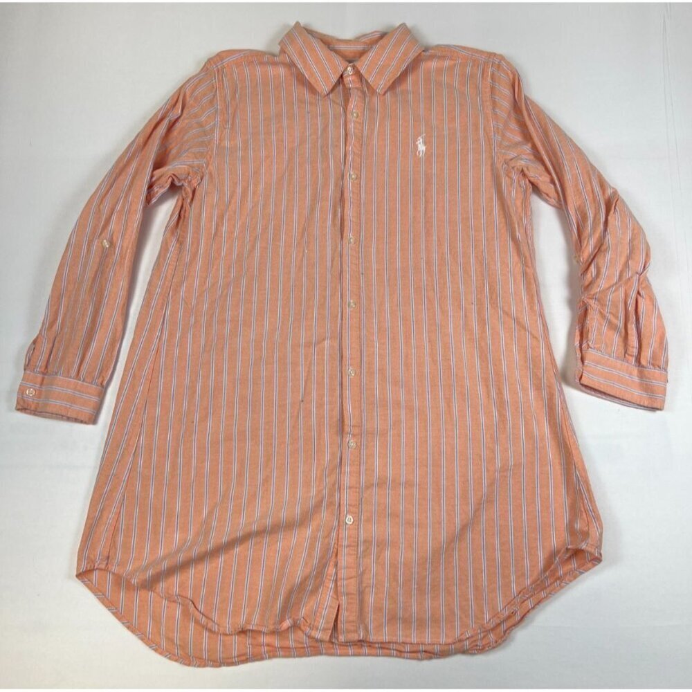 Ralph Lauren Women's Large Orange Striped Cotton Tunic Button Down Sleep Shirt